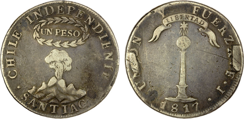 CHILE: Republic, AR peso, 1817, KM-82.2, Santiago Mint, assayer FJ; ex mount, ic...