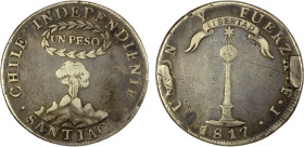 CHILE: Republic, AR peso, 1817, KM-82.2, Santiago Mint, assayer FJ; ex mount, iconic volcano design, About VF, ex Almer H. Orr III Collection.

Esti...