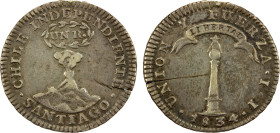 CHILE: Republic, AR real, 1834, KM-91, assayer IJ, one-year volcano type with low mintage, flan crack, VF, ex Almer H. Orr III Collection.

Estimate...