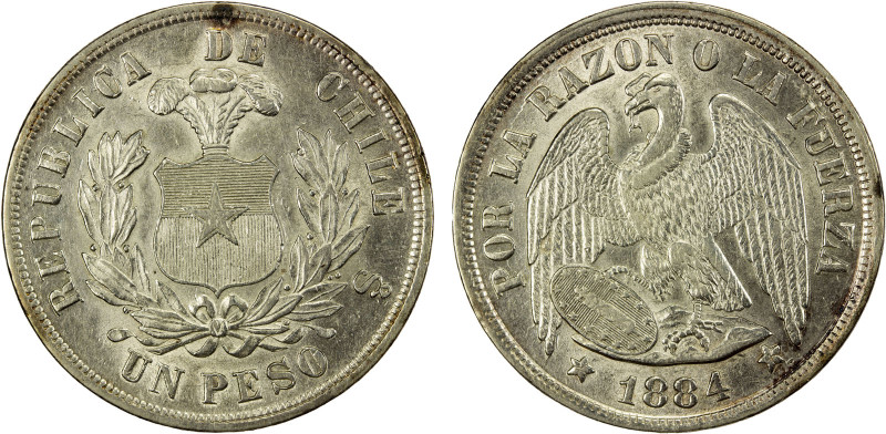 CHILE: Republic, AR peso, 1884-So, KM-142.1, AU, ex Almer H. Orr III Collection....