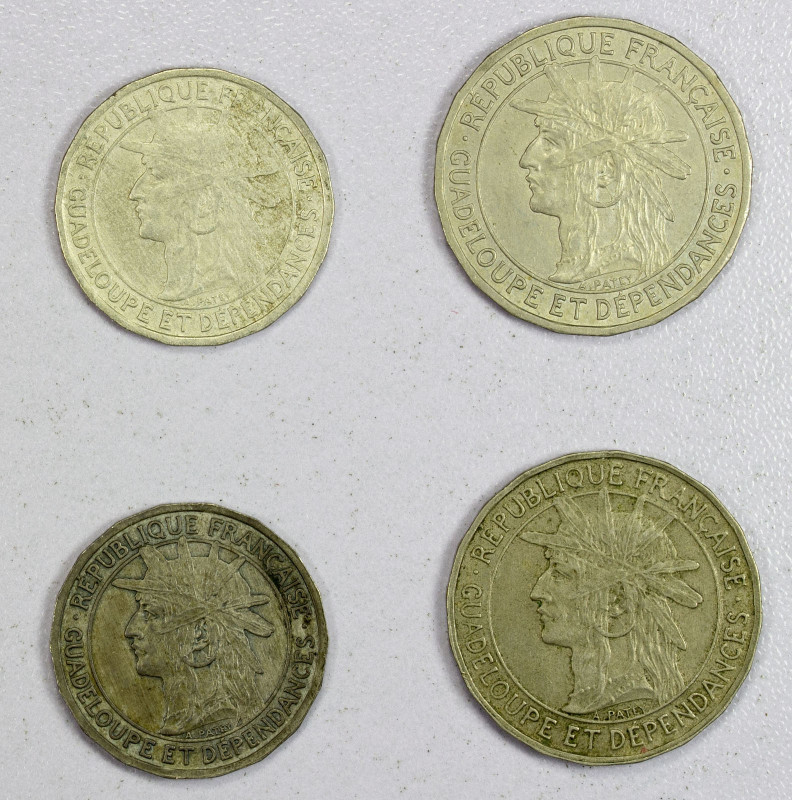 GUADELOUPE: SET of 4 copper-nickel coins, including KM-45 50 centimes 1903 (AU) ...