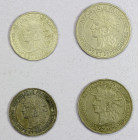 GUADELOUPE: SET of 4 copper-nickel coins, including KM-45 50 centimes 1903 (AU) and 1921 (nearly VF), and KM-46 1 franc 1903 (AU) and 1921 (EF-AU); re...