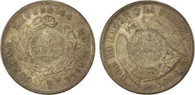 GUATEMALA: Republic, AR peso, 1894, KM-216, counterstamp on Chile 1886 peso, Choice AU, ex Almer H. Orr III Collection. By 1894, foreign coins had bec...
