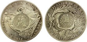 GUATEMALA: Republic, AR peso, 1894, KM-224, counterstamped on Peru 1888 TF sol, VF-EF, ex Almer H. Orr III Collection. By 1894, foreign coins had beco...