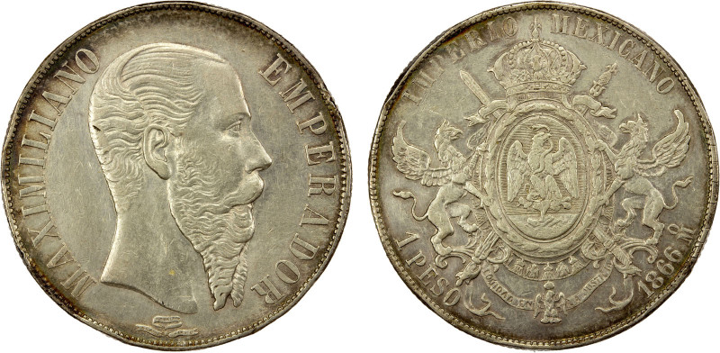 MEXICO: Maximiliano, 1864-1867, AR peso, 1866-Mo, KM-388.1, cleaned, a few rim b...