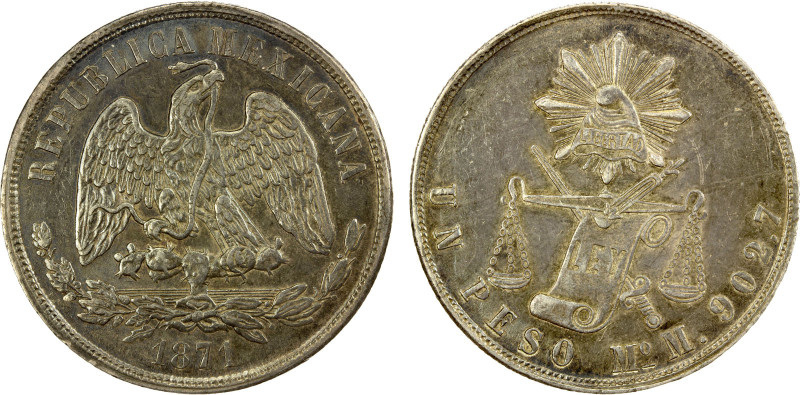 MEXICO: Republic, AR peso, 1871-Mo, KM-408.5, assayer M, Balance Scale type, EF-...