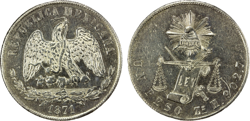 MEXICO: Republic, AR peso, 1871-Zs, KM-408.8, assayer H, Balance Scale type, AU,...