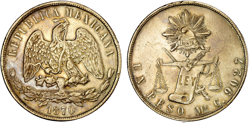 MEXICO: Republic, AR peso, 1872-Mo, KM-408.5, assayer C, Balance Scale type, EF,...