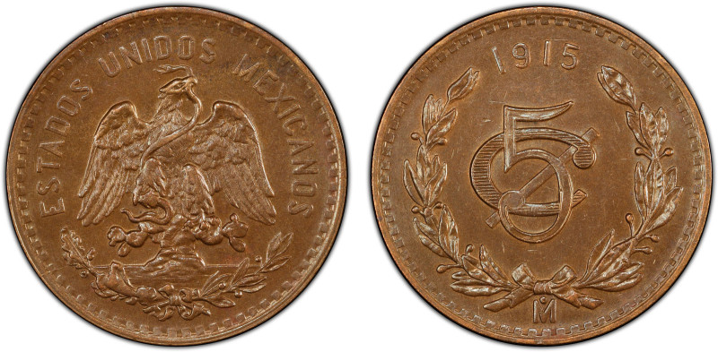 MEXICO: Estados Unidos, AE 5 centavos, 1915-Mo, KM-422, a lovely chocolate-brown...