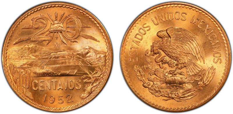 MEXICO: Estados Unidos, AE 20 centavos, 1952-Mo, KM-439, a fantastic quality exa...
