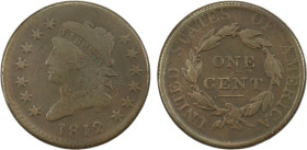 UNITED STATES: AE large cent, 1812, KM-39, light obverse scratch and light porosity, variety with large date, VG-F.

Estimate: USD 120 - 160