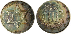 UNITED STATES: AR three cent piece, 1861, KM-88, nice blue and multicolored tone, lustrous, AU.

Estimate: USD 150 - 200