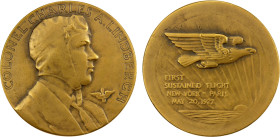 UNITED STATES: AE medalet (10.92g), 1927, 29mm bronze medalet for Charles Lindbergh by Adam Pietz, bust of Lindbergh right in leather helmet with COLO...