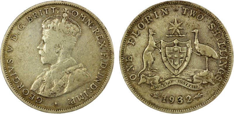 AUSTRALIA: George V, 1910-1936, AR florin, 1932, KM-27, key date, VG.

Estimat...