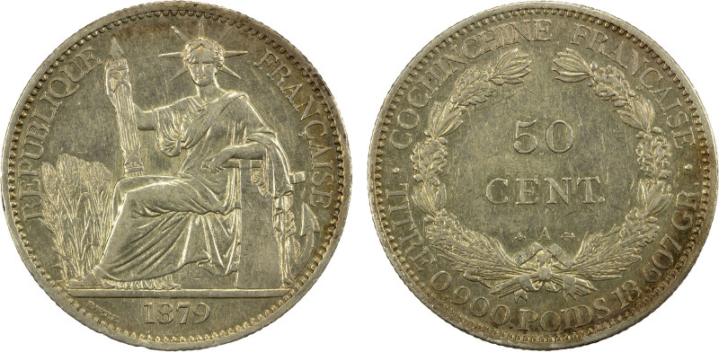 FRENCH COCHINCHINA: AR 50 cents, 1879-A, KM-6, Y-5, light peripheral toning, EF,...