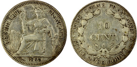 FRENCH INDOCHINA: AR 10 cents, 1895-A, KM-2a, Y-6a, Daniel-6b, lightly cleaned, starting to retone, key date, F-VF, ex Howard A. Daniel III Collection...
