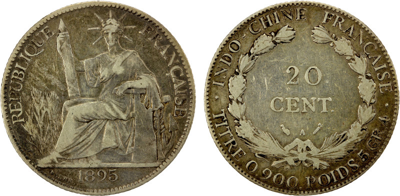 FRENCH INDOCHINA: AR 20 cents, 1895-A, KM-3a, Y-7a, key date, F-VF, ex Howard A....