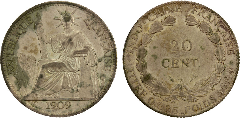 FRENCH INDOCHINA: AR 20 cents, 1909-A, KM-10, Y-15, Daniel-5e, better date, ligh...
