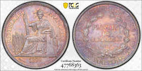 FRENCH INDOCHINA: AR piastre, 1899-A, KM-5a.1, Lec-281, attractively toned nearly mint state example, PCGS graded AU58, ex Howard A. Daniel III Collec...