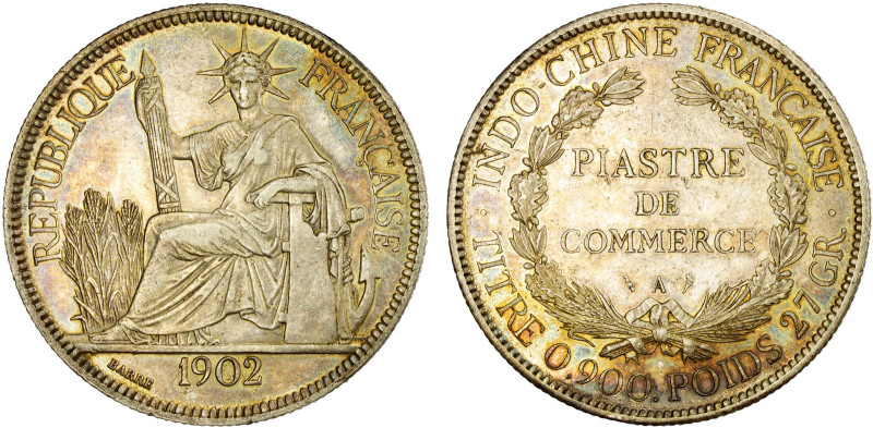 FRENCH INDOCHINA: AR piastre, 1902-A, KM-5a.1, attractive light multicolored ton...