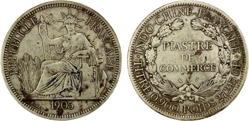 FRENCH INDOCHINA: AR piastre, 1905-A, KM-5a.1, lightly cleaned (with some spotti...