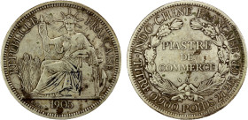 FRENCH INDOCHINA: AR piastre, 1905-A, KM-5a.1, lightly cleaned (with some spotting remaining), mule of KM-5a.1 obverse with KM-5 reverse, apparently u...