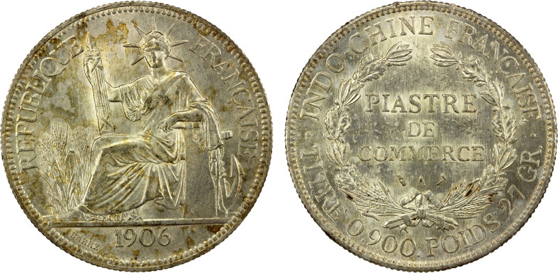 FRENCH INDOCHINA: AR piastre, 1906-A, KM-5a.1, Lec-289, usual contact marks in f...