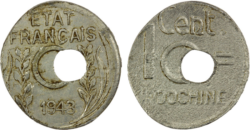 FRENCH INDOCHINA: cent, 1943, KM-26, oblong flan with center hole off-center, EF...