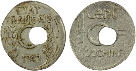 FRENCH INDOCHINA: cent, 1943, KM-26, oblong flan with center hole off-center, EF-AU, ex Howard A. Daniel III Collection.

Estimate: USD 110 - 150