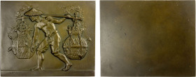 FRENCH INDOCHINA: AE plaque (46.63g), 1924, 53x66mm uniface bronze plaque by G. Bruneau, Indochinese worker walking left, clad in pants with rolled up...