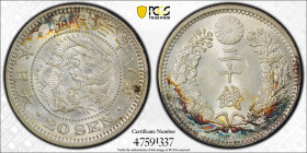 JAPAN: Meiji, 1868-1912, AR 20 sen, year 38 (1905), Y-24, JNDA-01-21, deep toning along rim, a wonderful lustrous example! PCGS graded MS64.

Estima...