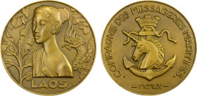 LAOS: French Colony, AE medal (104.4g), 1954, Ruedas-90 (Marine-Navires), 59mm bronze medal for the Compagnie des Messageries Maritimes by Jacques Bou...