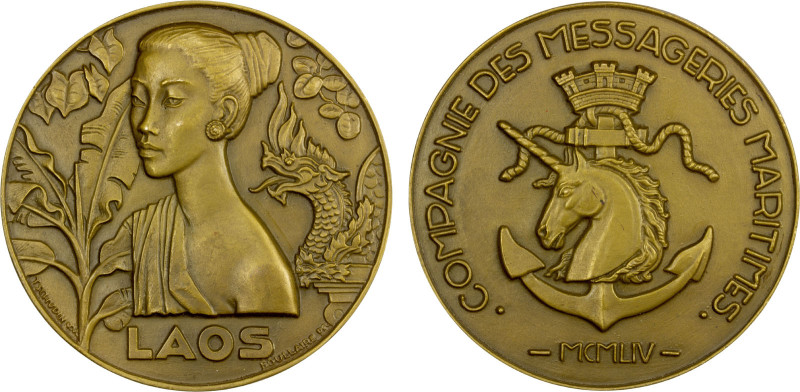 LAOS: French Colony, AE medal (104.0g), 1954, Ruedas-90 (Marine-Navires), 59mm b...