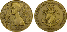 LAOS: French Colony, AE medal (104.0g), 1954, Ruedas-90 (Marine-Navires), 59mm bronze medal for the Compagnie des Messageries Maritimes by Jacques Bou...