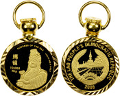 LAOS: People's Democratic Republic, AV 10,000 kip, 2006, KM-142, Mazu standing, 1/25 ounce, in what appears to be a faceted fine gold bezel and ring, ...