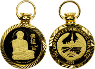 LAOS: People's Democratic Republic, AV 10,000 kip, 2006, KM-146, Buddha meditating, 1/25 ounce, in what appears to be a faceted fine gold bezel and ri...
