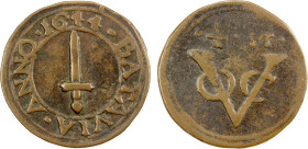 NETHERLANDS EAST INDIES: United East India Company, AE ½ stuiver (6.01g), 1644, KM-31, Sc-18, light flan porosity, well struck, one-year type, F-VF, S...