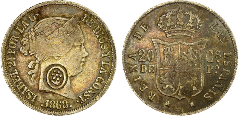 PHILIPPINES: Isabel II, 1833-1868, AR 20 centimos, 1868, KM-146, unattributed fl...