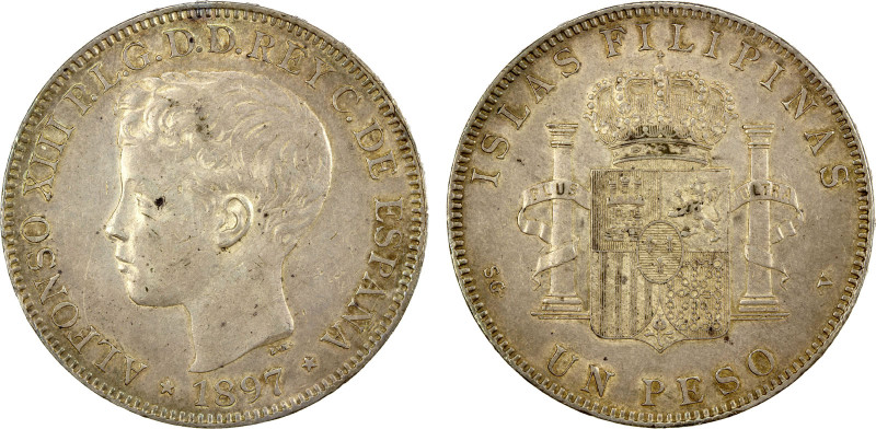 PHILIPPINES: Alfonso XIII, 1886-1898, AR peso, 1897, KM-154, Y-13, Calicó-12, EF...