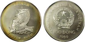 VIET NAM: Socialist Republic, AR 100 dong, 1986, KM-18, Junk under sail, nice light peripheral toning on reverse, Gem Unc, ex Howard A. Daniel III Col...