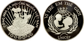 VIET NAM: Socialist Republic, AR 100 dong, 1997, KM-60, Daniel-CY80, UNICEF-Child on Water Buffalo, Hungarian Mint issue, light peripheral toning, Cho...