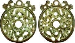 CHINA: AE charm (29.26g), Unpublished, 48mm openwork Pendant type, two dragons circling, with hanger as made, F-VF, ex Jürgen M. Wilmes Collection. "O...