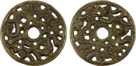 CHINA: AE charm (38.34g), Semans-90f, Ramsden-21, 56mm openwork animal type, two dragons, head to tail, VF-EF, ex Jürgen M. Wilmes Collection. "Open-w...