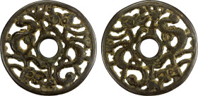 CHINA: AE charm (36.11g), Semans-90f, Ramsden-18, 59mm openwork animal type, two dragons, head to tail, VF, ex Jürgen M. Wilmes Collection. "Open-work...