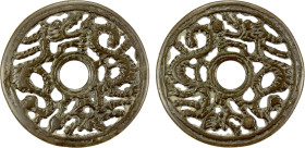 CHINA: AE charm (30.64g), Semans-111, Ramsden-25, 57mm openwork animal type, two dragons, head to tail, VF, ex Jürgen M. Wilmes Collection. "Open-work...