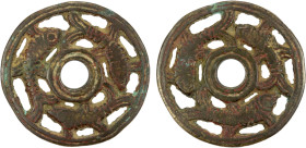 CHINA: AE charm (22.74g), Semans-300d, Ramsden-130, Mandel-7.9, 45mm openwork animal type, three fish circling, VF, ex Jürgen M. Wilmes Collection. "O...