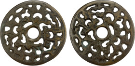 CHINA: iron charm (30.94g), Semans-377c, Ramsden-145, 55mm openwork flower type, four lotuses, VF, ex Jürgen M. Wilmes Collection. "Open-work" charms ...