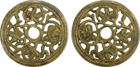 CHINA: AE charm (24.28g), Semans-380 var., Ramsden-179 ff., 54mm openwork flower type, four lotuses, VF, ex Jürgen M. Wilmes Collection. "Open-work" c...
