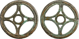CHINA: AE charm (17.93g), Semans-489 (plate coin), 48mm openwork Geometric type, four spoked wheel, beaded border, F-VF, ex Jürgen M. Wilmes Collectio...