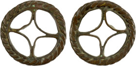CHINA: AE charm (1.92g), Semans-489 var., 20mm openwork Geometric type, four spoked wheel, oblique rim border, F-VF, ex Jürgen M. Wilmes Collection. "...